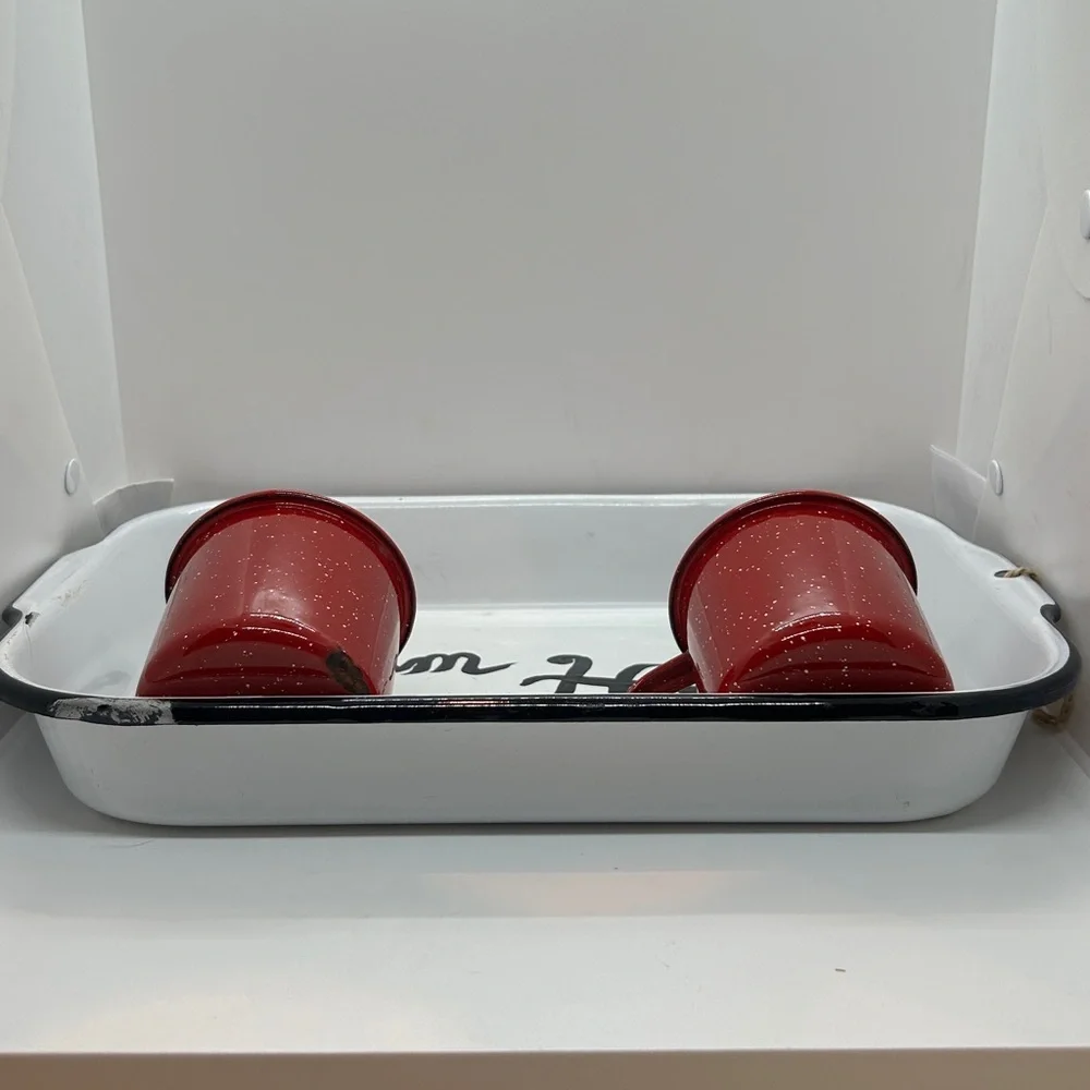 Red and White Farmhouse Enamel Tray decor Size 15.5 x 10.5 x 2.25 inches
